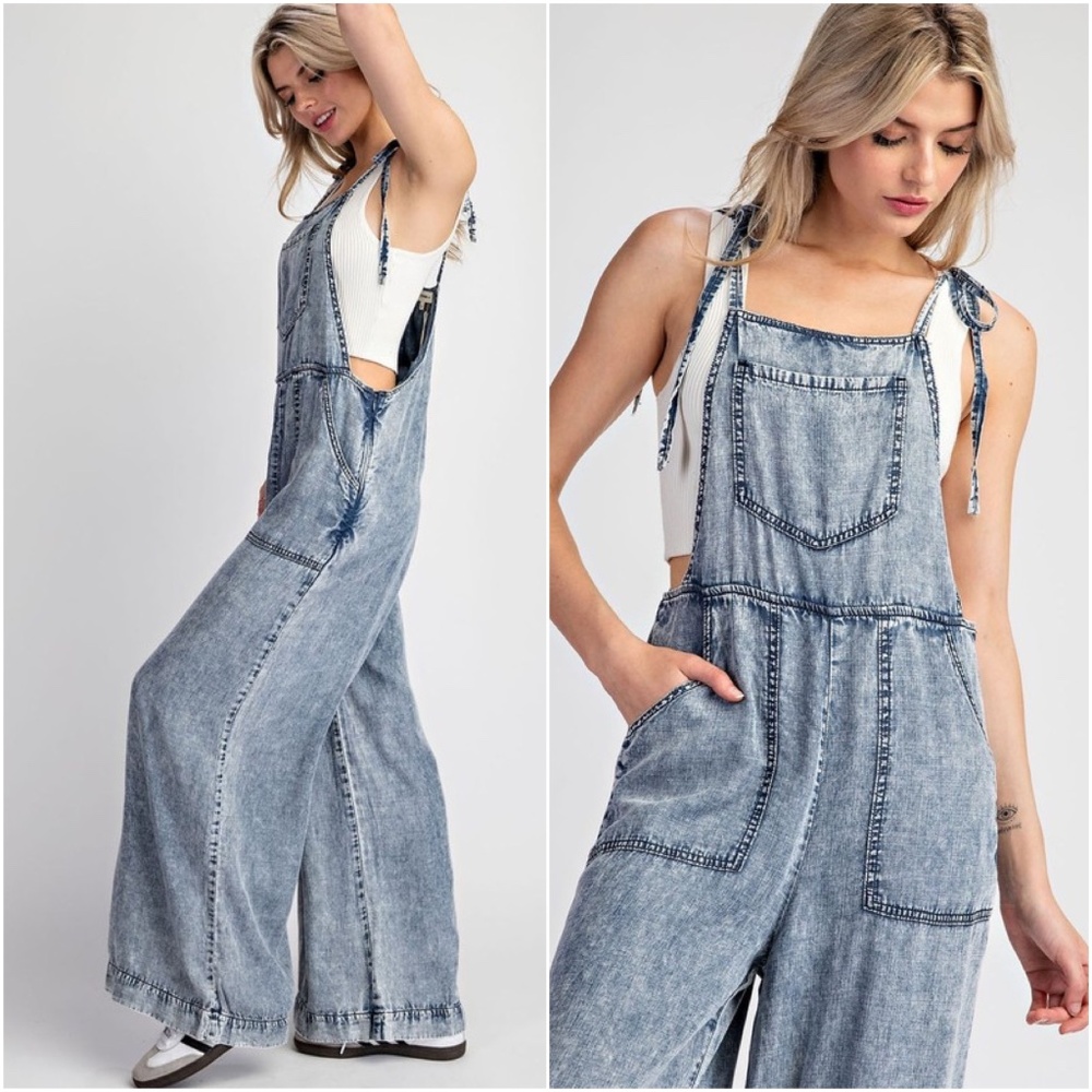 031 Boho Blue Mineral Washed Wide Leg Pockets Jumpsuit - Picture 3 of 10
